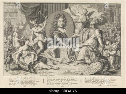 Limiers, Henri Philippe de, Picart, Bernard, Allegorie sull'economia francese con il ritratto di Filippo II, duca d'Orléans, verso in basso a sinistra - timbrato, Ritratto di Filippo II, duca d'Orléans. A sinistra c'è la triste personificazione della Francia, con un corno vuoto, obbligazioni e lettere di debito ai piedi. Dietro il ritratto una donna alata con una clessidra circondata da nuvole, che si riferisce al commercio del vento e al tempo che si spezzerà. Mercurius richiama l'attenzione della Francia sul ritratto del duca, che nel 1716 diede all'economista scozzese John Law il permesso di istituire una banca per stimolare la Foto Stock