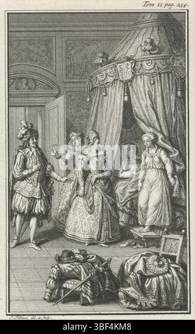 Folkema, Jacob, Folkema, Love Couple caught in a Sleeping room, verso - timbrato, tre figure riccamente vestite sono entrate in una camera da letto e incontrano un marito e una moglie lì a letto. L'uomo rimase a letto mentre la donna usciva dal letto nella camicia da notte. In primo piano si trovano abiti disegnati su una sedia e uno sgabello., stampa, illustrazione di un libro, stampe, altezza 149 mm, larghezza 89 mm, olandese, 1692 - 1767, stampatrice, 1702 - 1767, carta, incisione, drammaturgo intermedio Foto Stock