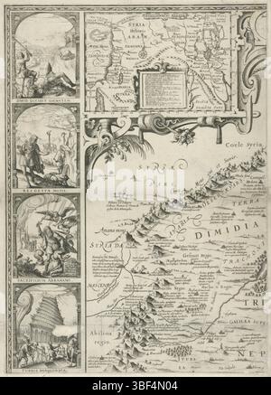 Amsterdam, Geelkercken, Nicolaes van, Italia, Geilkercken, Arnoldus van, Terrae Sanctae seu terrae promissionis nova descripto, Mappa della Palestina, Amsterdam, verso sotto - stampata, placca superiore sinistra di una mappa della Palestina, con iscrizioni relative agli eventi del Vecchio e del nuovo Testamento. In cima a una piccola mappa del Medio Oriente con una leggenda. Sul bordo quattro rappresentazioni dell'Antico Testamento: Davide e Golia, Mosè e il vitello d'oro, il sacrificio di Abramo e la torre di Babilonia., stampa, cartolina, stampe, verso medio sotto - timbrato, 1870: palestina, larghezza 389 mm, altezza, 546 mm, Foto Stock