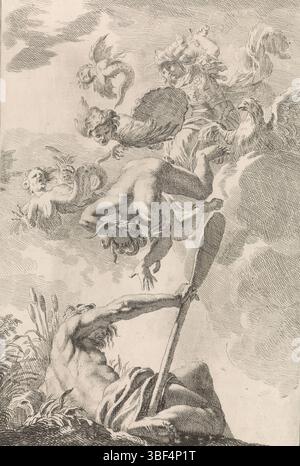 Amsterdam, Schenk, Leonard, Lairesse, Gerard de, ignoto, Glauber, Johannes, spettacoli biblici, mitologici e allegorici, Minerva scappa dall'invidia: un'allegoria sulla sicurezza, Amsterdam, verso sinistra sotto - timbrata, la dea Minerva scaccia tre arpie e la personificazione dell'invidia dal cielo. In primo piano la personificazione del fiume Amstel. La stampa è su un dipinto a soffitto di Gerard de Lairesse e fa parte di una serie di rappresentazioni bibliche, mitologiche e allegoriche., stampa, altezza 197 mm, larghezza 288 mm, 1646 - 1726, stampatore, 1672 - 1726, carta, incisione, lavoro Foto Stock