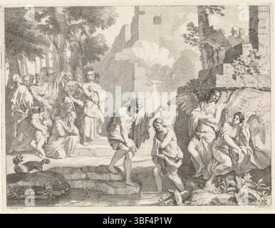 Amsterdam, Schenk, Leonard, Lairesse, Gerard de, ignoto, Glauber, Johannes, spettacoli biblici, mitologici e allegorici, Battesimo di Cristo, Amsterdam, verso in mezzo - timbrato, in primo piano Cristo è battezzato da Giovanni Battista nel Giordano. Lo Spirito Santo sotto forma di piccione discende dal cielo. Proprio in primo piano, due angeli tengono i vestiti di Cristo. La stampa fa parte di una serie di prestazioni bibliche, mitologiche e allegoriche. Stampa, altezza 280 mm, larghezza 366 mm, 1646 - 1726, stampatore, 1656 - 1726, carta, incisione, ideazione del lavoro, Noord-Nederlands, 1641 Foto Stock