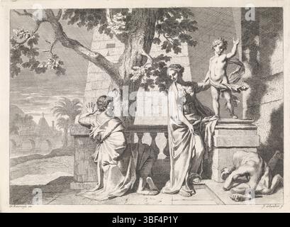 Amsterdam, Schenk, Leonard, Lairesse, Gerard de, ignoto, Glauber, Johannes, rappresentazioni bibliche, mitologiche e allegoriche, Cristo rompe una statua, Amsterdam, verso nel mezzo - timbrato, Christchild si erge su un pilastro e ha appena rotto un'immagine religiosa. La statua è a pezzi sul pavimento. Mary e Joseph stanno guardando. La stampa fa parte di una serie con prestazioni bibliche, mitologiche e allegoriche. Stampa, altezza 280 mm, larghezza 385 mm, 1646 - 1726, stampatore, 1656 - 1726, carta, incisione, ideazione del lavoro, Noord-Nederlands, 1641 - 1711, dopo il design di, pubblicazione (evento) Foto Stock