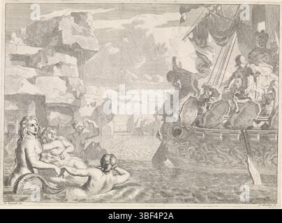 Amsterdam, Schenk, Leonard, Lairesse, Gerard de, ignoto, Glauber, Johannes, spettacoli biblici, mitologici e allegorici, Ulisse e le sirene, Amsterdam, verso sotto - timbrato, alcune sirene sirene siedono su una roccia nel mare. La nave di Odisseo li passa. Odisseo e' stato legato all'albero. Può ascoltare le canzoni delle sirene senza pericolo. La stampa fa parte di una serie con prestazioni bibliche, mitologiche e allegoriche. Stampa, altezza 281 mm, larghezza 382 mm, 1646 - 1726, stampatore, 1656 - 1726, carta, incisione, ideazione del lavoro, Noord-Nederlands, 1641 - 1711, dopo, pittura, Publicatio Foto Stock