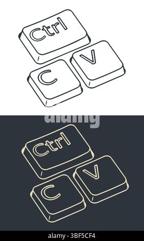 I tasti Ctrl c e ctrl V illustrazioni vettoriali ironiche stilizzate Illustrazione Vettoriale