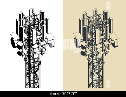 Primo piano di una torre di telecomunicazioni alta, illustrazioni vettoriali stilizzate Illustrazione Vettoriale
