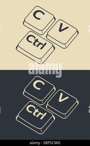 I tasti Ctrl c e ctrl V illustrazioni vettoriali ironiche stilizzate Illustrazione Vettoriale