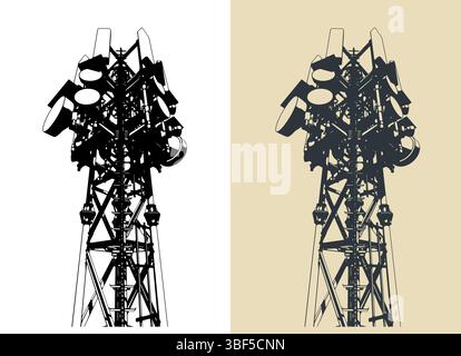 Primo piano di una torre di telecomunicazioni alta, illustrazioni vettoriali stilizzate Illustrazione Vettoriale