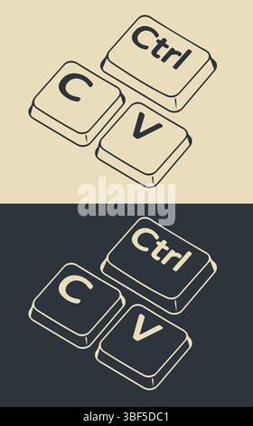 I tasti Ctrl c e ctrl V illustrazioni vettoriali ironiche stilizzate Illustrazione Vettoriale