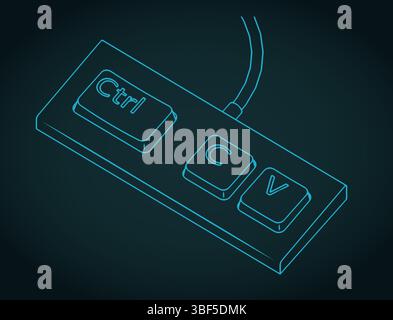 Tastiera con tre tasti Ctrl C e V illustrazione stilizzata di immagini vettoriali e ironiche Illustrazione Vettoriale