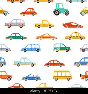 Cartoni animati disegnati a mano su auto con motivo senza cuciture. Prelievo con diversi mezzi di trasporto, berlina con taxi dal design senza limiti. Semplice carta da parati con stampa ripetuta e illustrazione vettoriale per i bambini Illustrazione Vettoriale