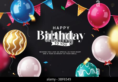 Buon compleanno, design della clipart di sfondo. Saluto e desideri di compleanno con palloncini colorati e elementi decorativi pennant clip art in nero Illustrazione Vettoriale
