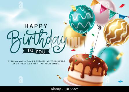 Auguri di buon compleanno: Clipart design. Auguri di compleanno e saluto per la carta di invito alla festa con torta galleggiante e elementi decorativi palloncini Illustrazione Vettoriale