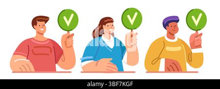 Persone felici con un segno verde con un segno di spunta. Approvazione o consenso, soluzione perfetta Illustrazione Vettoriale