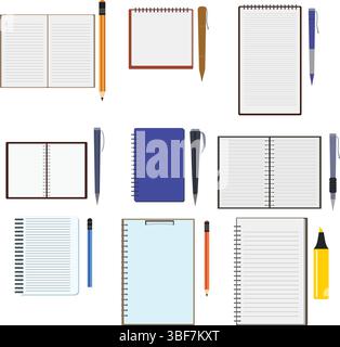 Set di strumenti da ufficio per lo spazio di lavoro, design grafico piatto essenziale Illustrazione Vettoriale