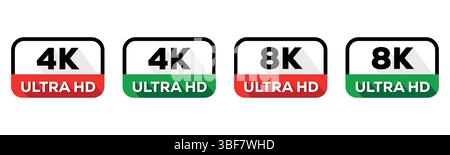 Tag di risoluzione 4K 8K Ultra HD impostati per lo schermo e lo streaming Illustrazione Vettoriale