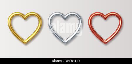 Cornici in metallo 3D a forma di cuore. Elementi di design per il matrimonio o San Valentino isolati su uno sfondo chiaro. Oro, argento e bronzo lui Illustrazione Vettoriale