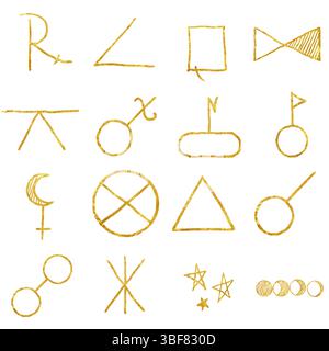 Aspetti astrologici dorati. Illustrazione acquerello. Set di simboli di stelle, Luna, ruota della fortuna, retrogrado, opposizione, Lilith, isolata su whi Foto Stock