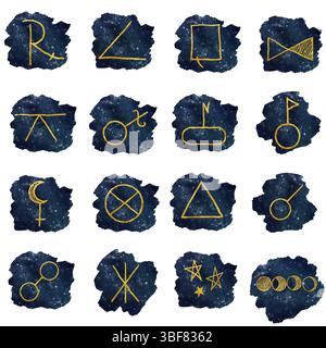 Simboli astrologici dorati e aspetti sul cielo stellato. Illustrazione acquerello. Set di simboli per stelle, fasi lunari, isolati su sfondo bianco. T Foto Stock
