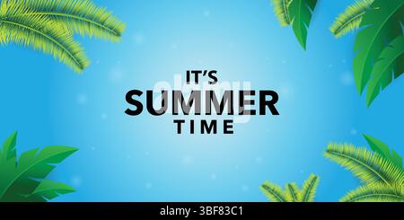Banner estivo con foglie esotiche floreali cielo blu Illustrazione Vettoriale