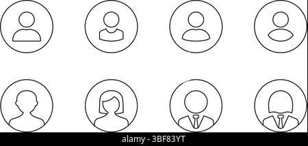 Set di icone della linea avatar del profilo utente. Avatar dell'account Basic People, ritratti arrotondati dell'interfaccia utente, Collezione di simboli per volti maschili e femminili Illustrazione Vettoriale