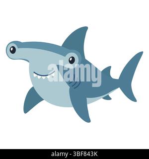 Un divertente e adorabile cartone animato raffigurante uno squalo martello, caratterizzato da un grande sorriso, toni blu tenui e forme arrotondate. Perfetto per il des dei bambini Illustrazione Vettoriale