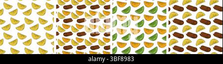 Fette di limone Orange Lime e cannella Stick senza cuciture Bundle idea di fondo agrumi. Illustrazione vettoriale isolata creazione di biglietti d'auguri tematici o sfondo banner promozionale, opuscolo, tag Illustrazione Vettoriale