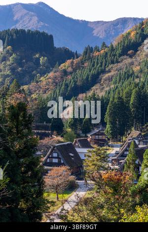 Vertical view of Ainokura village in Toyama, Japan with gassho-style houses surrounded by dense forest and colorful autumn trees below mountain slopes Foto Stock