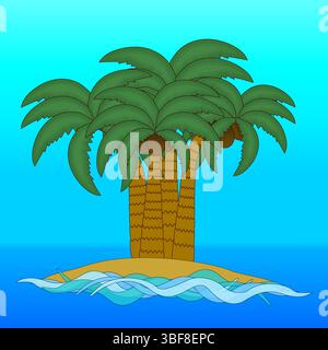 Spiaggia vettoriale di un'adorabile isola tropicale con alberi di palma e noci di cocco circondati da onde oceaniche su sfondo blu sfumato. Per somme Illustrazione Vettoriale