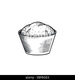 Recipiente profondo con impasto a base di lievito, trafilato a mano in vettoriale. Illustrazione vettoriale. Adatto per la stampa su tessuto, carta, per la progettazione di imballaggi e prodotti da forno Illustrazione Vettoriale
