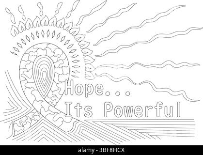 Illustrazione in bianco e nero con le parole Hope... Il suo design elegante e potente ricorda un'alba o una fiamma speranzosa, conv Illustrazione Vettoriale