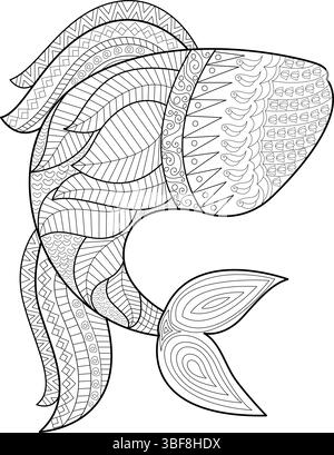 Illustrazione dettagliata in bianco e nero di un pesce stilizzato pieno di intricati motivi astratti e simili a Zentangle. Ideale per colorare libri Illustrazione Vettoriale