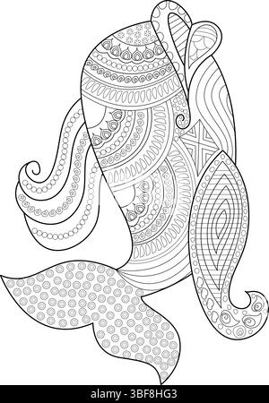 Illustrazione dettagliata in bianco e nero di un pesce stilizzato pieno di intricati motivi ed elementi simili a mandala. Perfetto per colorare adulti Illustrazione Vettoriale