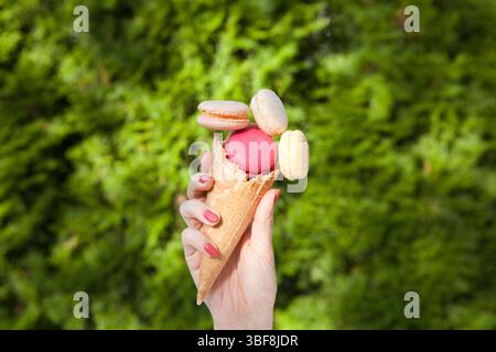 dolce meringa. Fotografie di macroon a mano delle donne. Macaroon francese copyspace Foto Stock