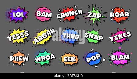 Effetti sonori comici LOL BAM CRUNCH ZAP in stile retrò pop art. Espressioni colorate per memi, umorismo, giochi, design per bambini, battute dinamiche. Vettore Illustrazione Vettoriale