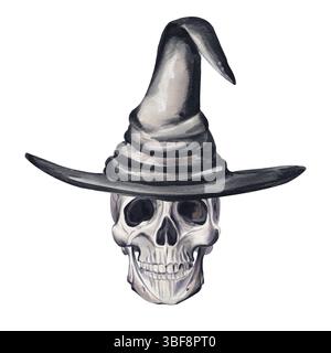 Teschio in un grande cappello da mago nero. Testa di scheletro in un cappello da strega. Faccia spaventosa. Arredamento di Halloween. Illustrazione acquerello isolata dallo sfondo. Mano Foto Stock