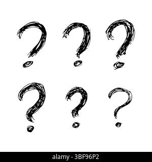 Set di sei simboli di punti interrogativi disegnati a mano. Simbolo del punto interrogativo nero dello schizzo su sfondo bianco. Illustrazione Vettoriale