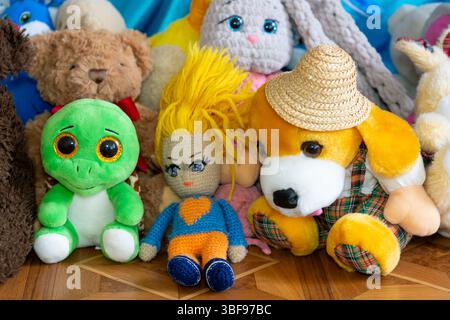 Un vivace assortimento di peluche è raccolto in un ambiente giocoso. Sono presenti un dinosauro verde, una bambola fatta a mano con i capelli luminosi e un amico Foto Stock