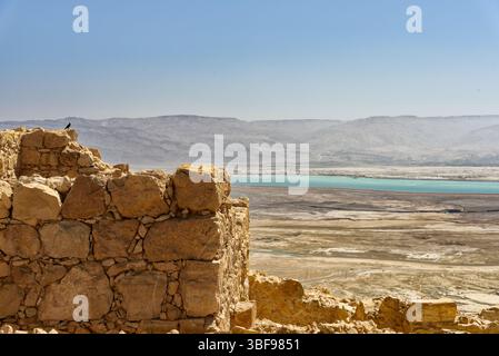 Il Mar morto da Masada, Israele il Mar morto ha attirato visitatori da tutto il bacino del Mediterraneo per migliaia di anni. È stato uno dei primi centri benessere al mondo, ed è stato fornitore di un'ampia varietà di prodotti, dall'asfalto per la mummificazione egiziana al potassio per fertilizzanti. Oggi i turisti visitano il mare sulle coste israeliane, giordane e della Cisgiordania Foto Stock