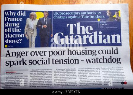 "La rabbia per una casa povera potrebbe scatenare tensioni sociali - watchdog" testata del quotidiano Guardian articolo in prima pagina 29 maggio 2025 Londra Inghilterra Regno Unito Gran Bretagna Foto Stock