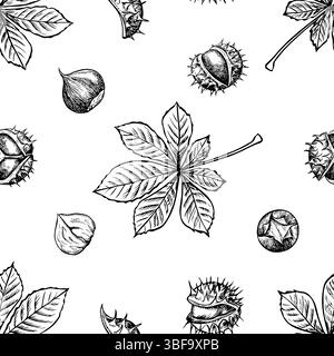 Motivo senza cuciture con castagne e foglie di castagno. Grafica vettoriale. Illustrazione in bianco e nero disegnata a mano. Su sfondo bianco. Ottimo per Illustrazione Vettoriale