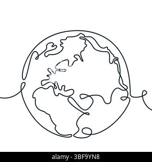 Globo monolina disegnato a mano. Illustrazione della linea continua vettoriale del pianeta Terra con mappa del mondo. Spedizioni, viaggi, business concept in tutto il mondo Illustrazione Vettoriale