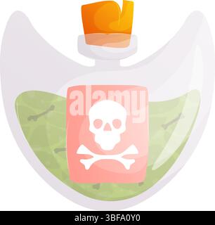 Immagine di una bottiglia di pozione con sughero, contenente un liquido verde e piccole ossa. Il flacone ha un'etichetta cranica e ossa incrociate che indica il veleno Illustrazione Vettoriale