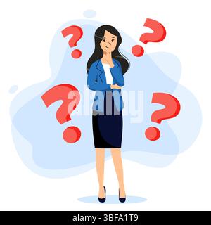 Donna premurosa circondata da punti interrogativi rossi. Il cartone animato piatto vettoriale pensa che l'illustrazione del personaggio femminile sia isolata su sfondo bianco. ide aziendale Illustrazione Vettoriale