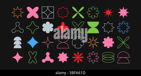 Forme astratte geometriche postmoderne, simboli di design retro in Y2K. Forme vettoriali, simboli dal design retrò alla moda in stile Y2K. Set di forme geometriche. Illustrazione Vettoriale