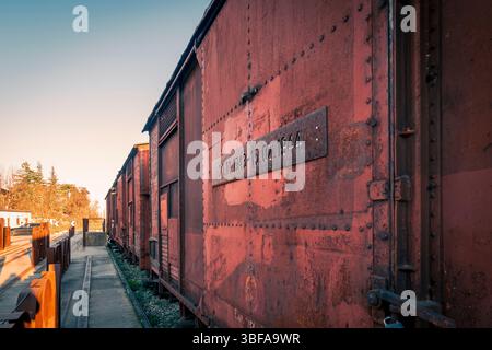 Borgo San Dalmazzo, Cuneo, Italia. Il Memoriale della deportazione realizzato con i vecchi vagoni ferroviari della seconda guerra mondiale. Foto Stock