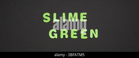 Creative testo colorato in plastica lettere Slime scritta Verde su nero lo sfondo della carta con copia spazio. Colore alla moda concetto blogger template Foto Stock