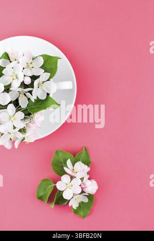 Piatti creativi concetto laici vista superiore della tazza di caffè e bianco mela albero in fiore su sfondo rosa con copia spazio in stile minimal, modello f Foto Stock