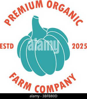 Modello di design con logo di zucca. Simbolo del cibo vegetariano naturale. Logotipo vegetale biologico per azienda agricola o progettazione di confezioni alimentari. Illustrazione Vettoriale