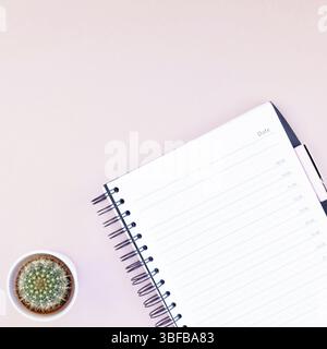 Vista superiore piatta area di lavoro laici desk design in stile forniture per ufficio cactus succulente con spazio copia rosa millenario Colore sfondo della carta minimo styl Foto Stock