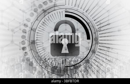 Computer Security concetto e tecnologia dell'informazione. Gestione del rischio e di tutela professionale. Lucchetto virtuale ologramma sullo sfondo della città sk Foto Stock